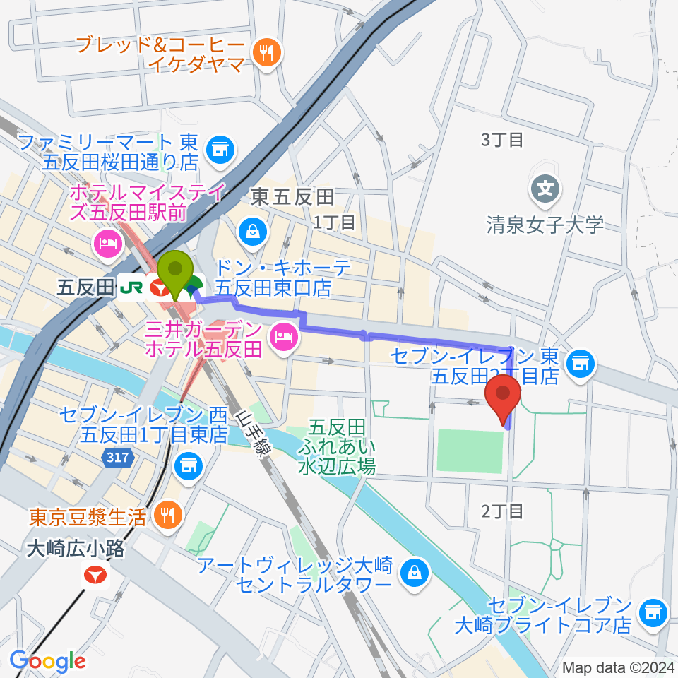 品川区立総合体育館の最寄駅五反田駅からの徒歩ルート（約8分）地図