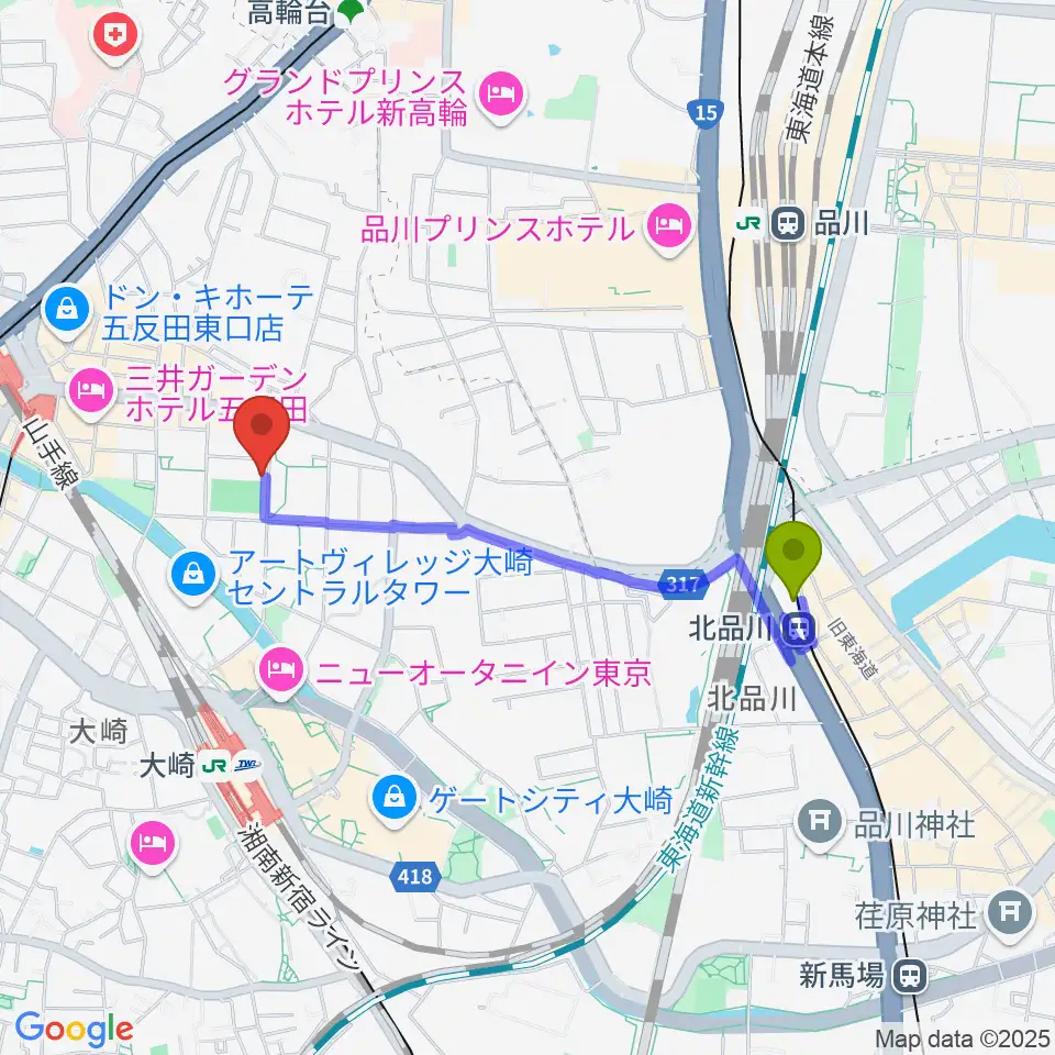 北品川駅から品川区立総合体育館へのルートマップ地図
