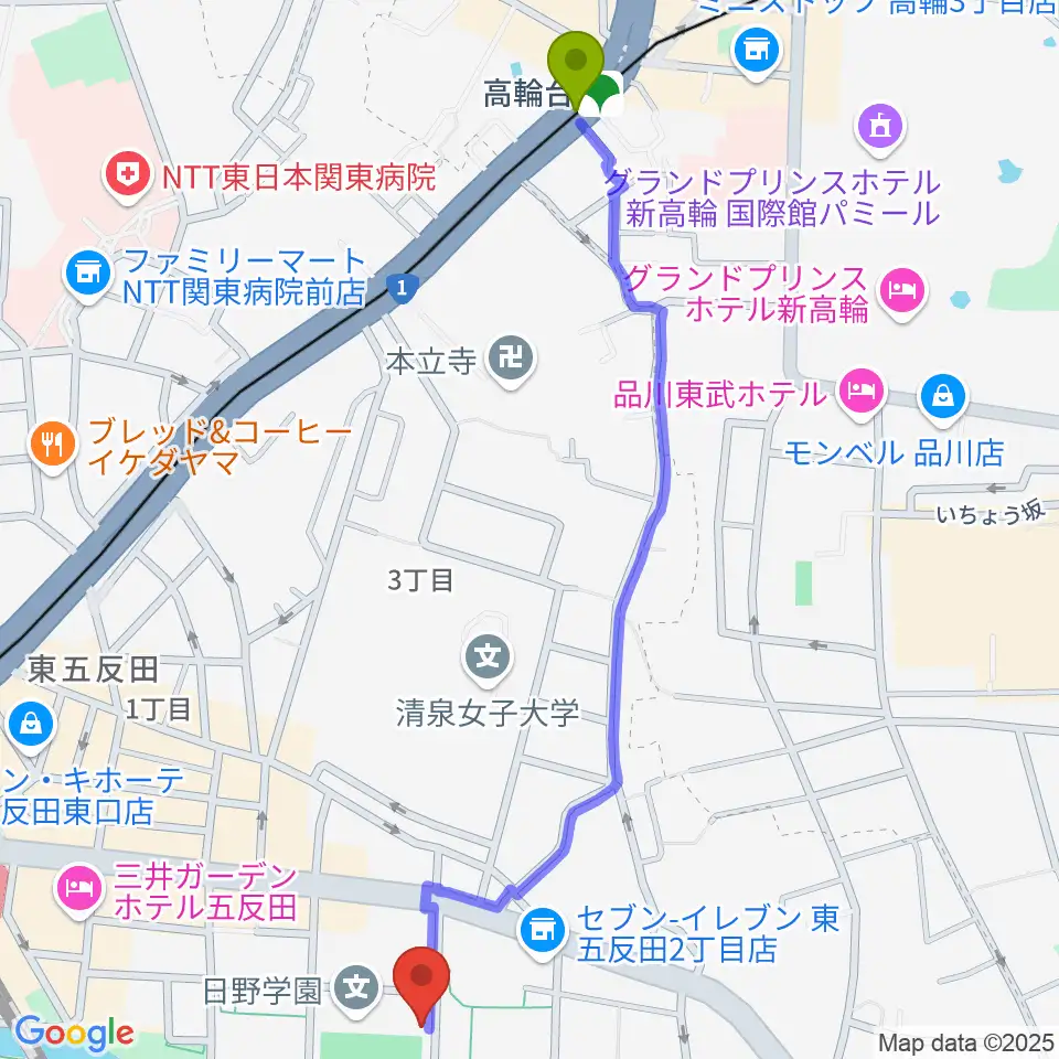 高輪台駅から品川区立総合体育館へのルートマップ地図