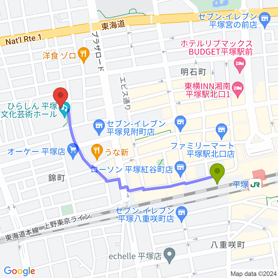 ひらしん平塚文化芸術ホールの最寄駅平塚駅からの徒歩ルート（約10分）地図