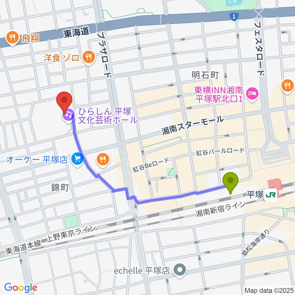 ひらしん平塚文化芸術ホールの最寄駅平塚駅からの徒歩ルート（約10分）地図