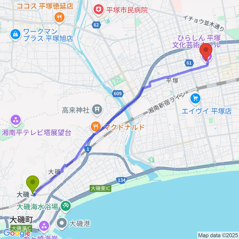 大磯駅からひらしん平塚文化芸術ホールへのルートマップ地図