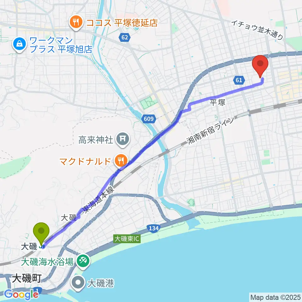 大磯駅からひらしん平塚文化芸術ホールへのルートマップ地図