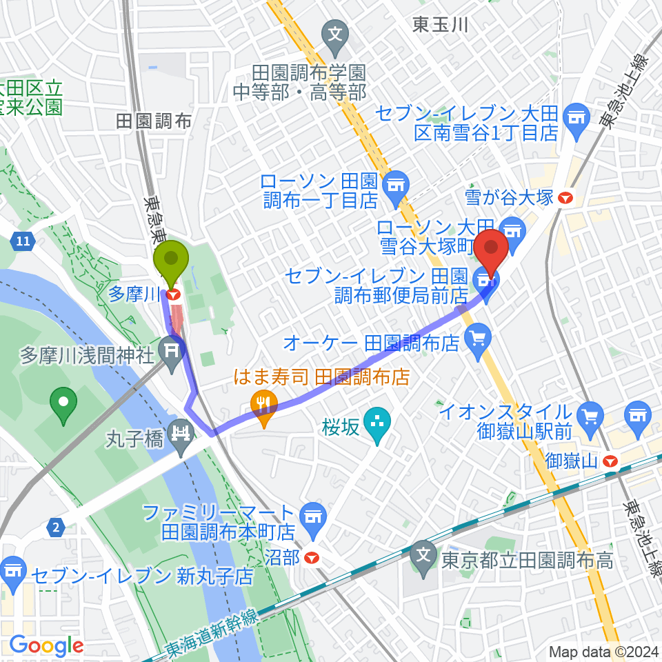 多摩川駅からStudio PJへのルートマップ地図