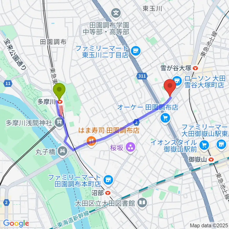 多摩川駅からStudio PJへのルートマップ地図
