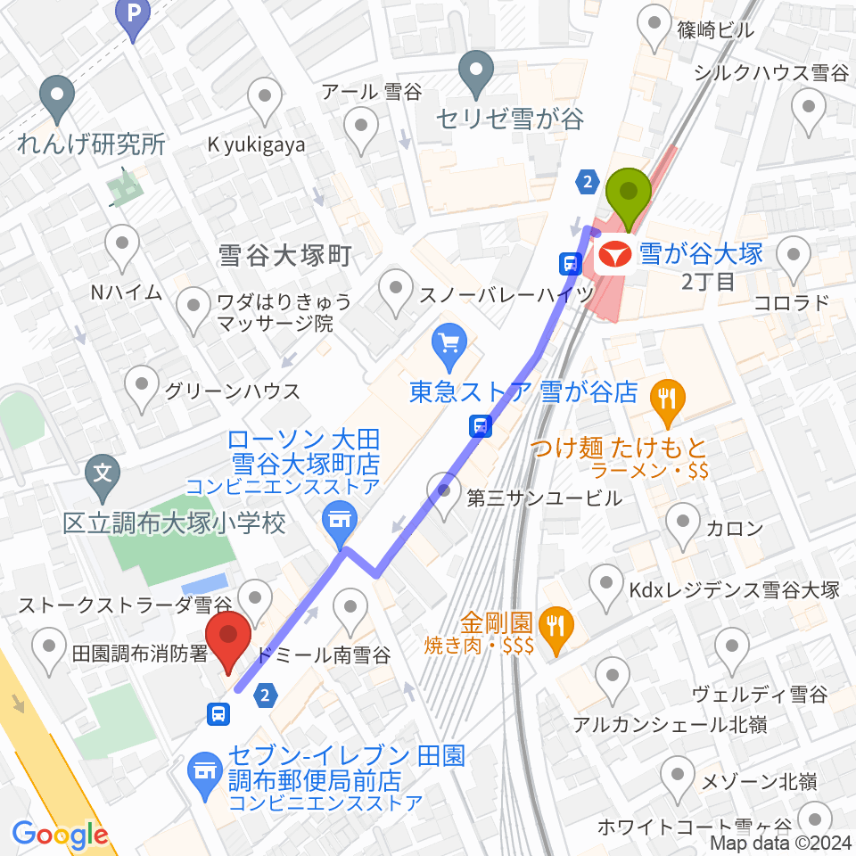 Studio PJの最寄駅雪が谷大塚駅からの徒歩ルート（約5分）地図