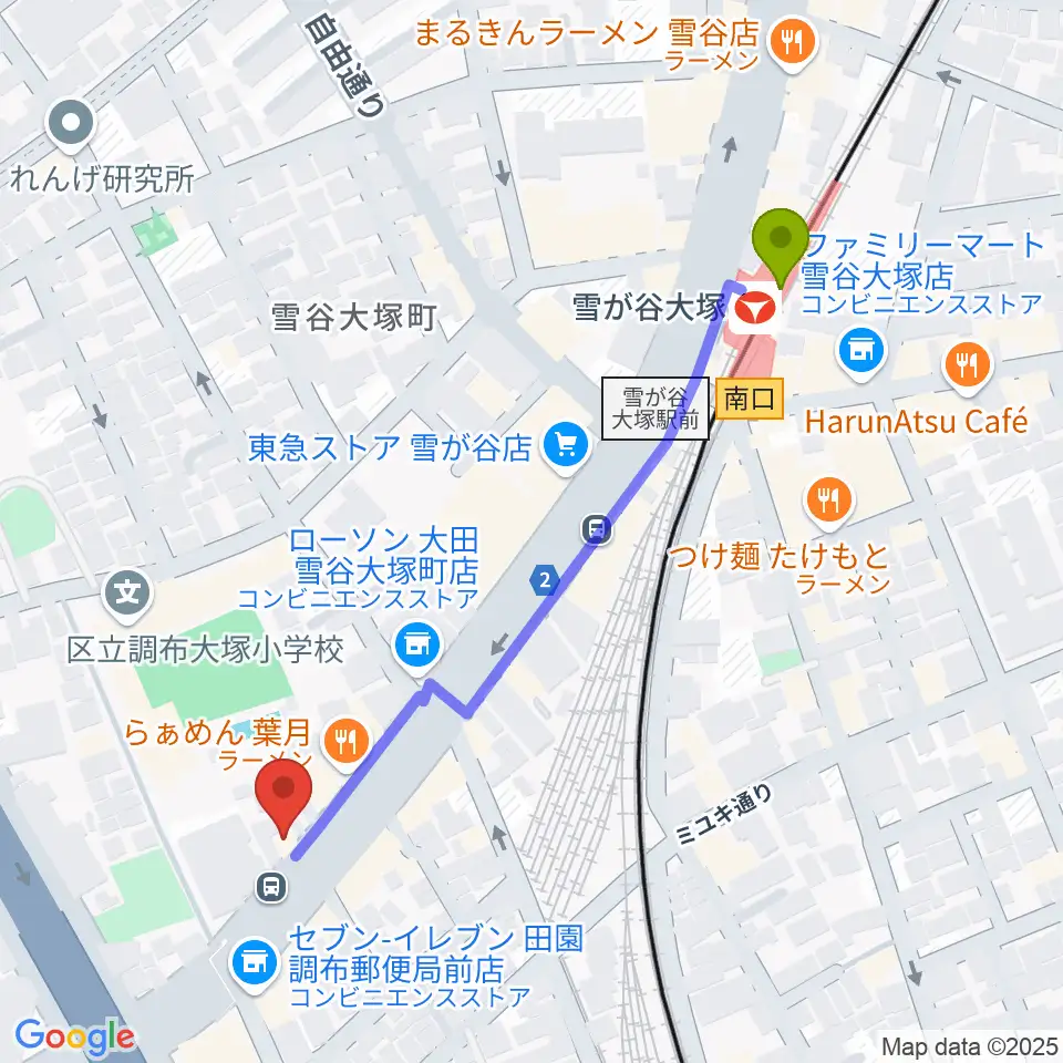 Studio PJの最寄駅雪が谷大塚駅からの徒歩ルート（約5分）地図