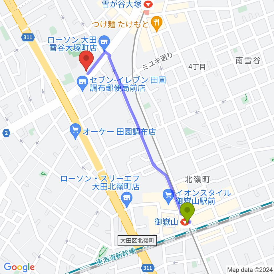 御嶽山駅からStudio PJへのルートマップ地図
