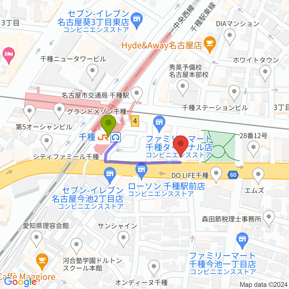 ふじかわヴァイオリン・ヴィオラ・ピアノ教室の最寄駅千種駅からの徒歩ルート（約2分）地図