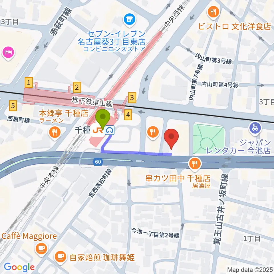 ふじかわヴァイオリン・ヴィオラ・ピアノ教室の最寄駅千種駅からの徒歩ルート（約2分）地図
