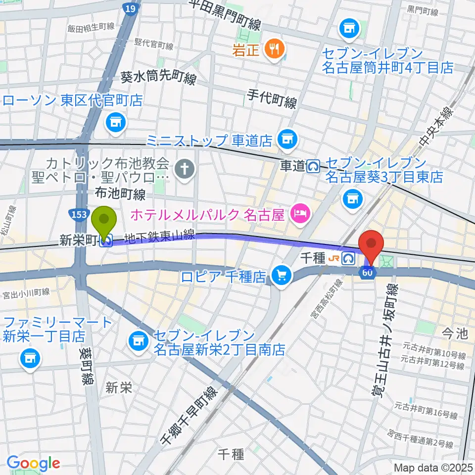新栄町駅からふじかわヴァイオリン・ヴィオラ・ピアノ教室へのルートマップ地図