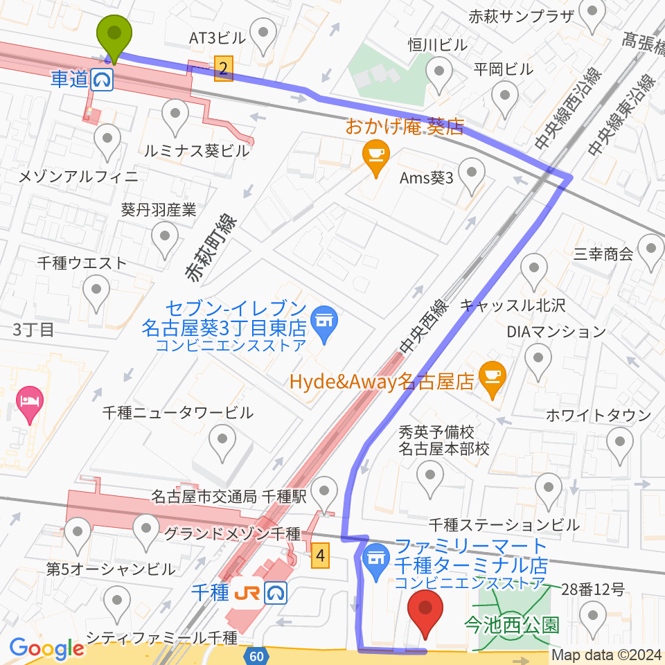 車道駅からふじかわヴァイオリン・ヴィオラ・ピアノ教室へのルートマップ地図
