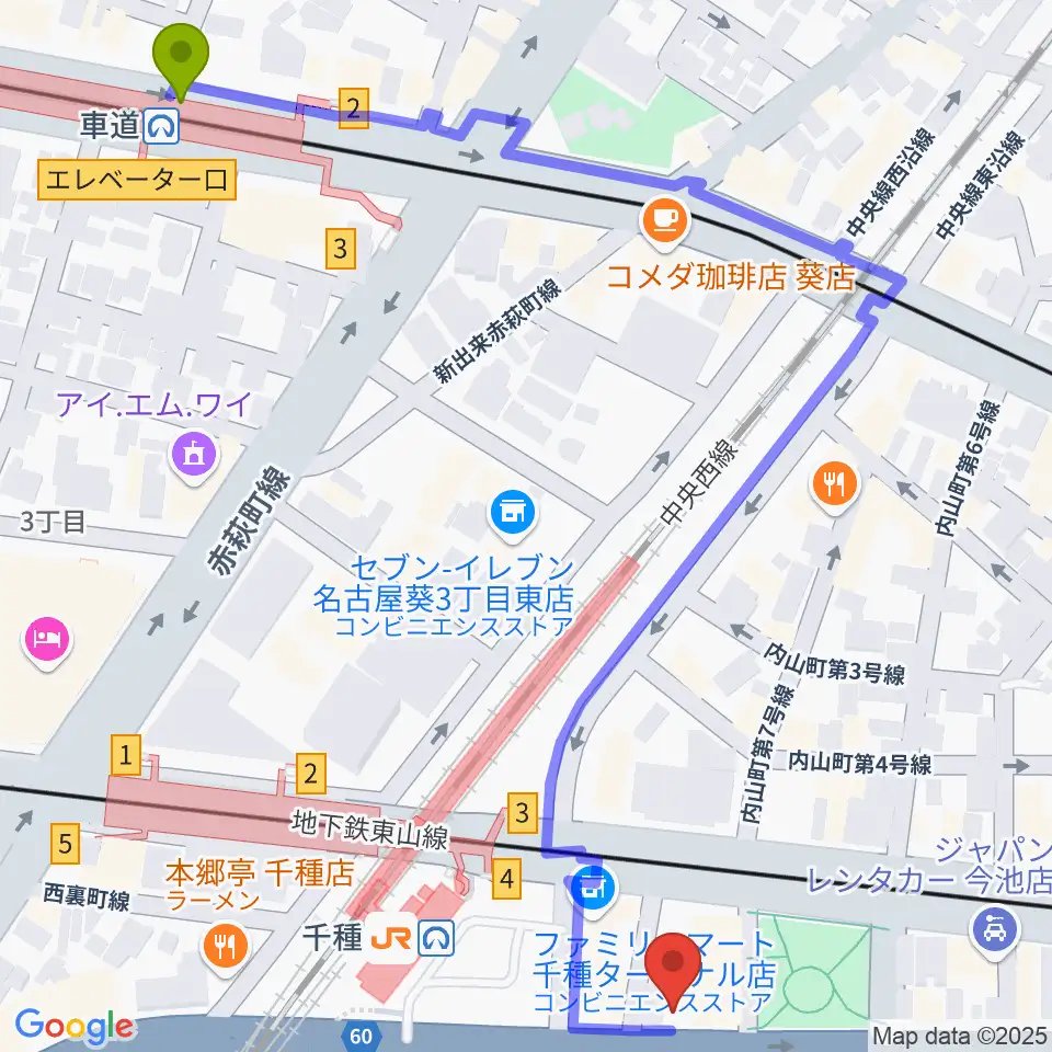 車道駅からふじかわヴァイオリン・ヴィオラ・ピアノ教室へのルートマップ地図