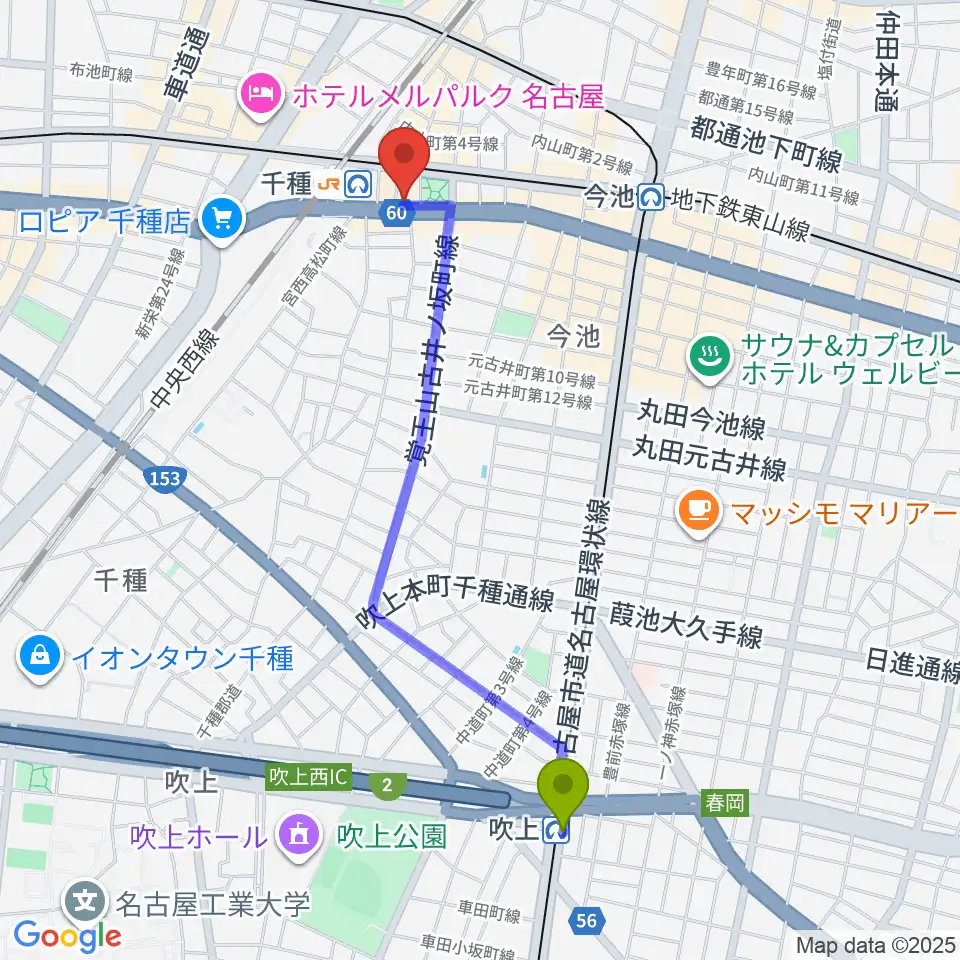 吹上駅からふじかわヴァイオリン・ヴィオラ・ピアノ教室へのルートマップ地図