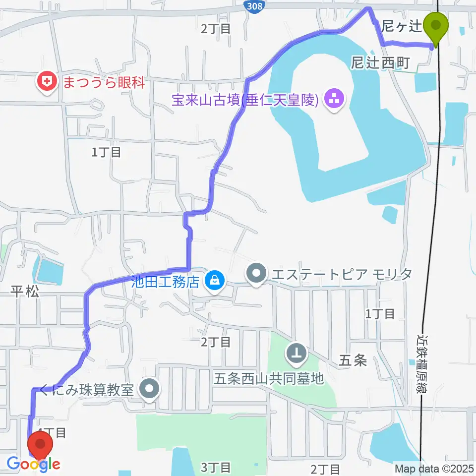 尼ヶ辻駅から学園前南フルート・クラリネット教室へのルートマップ地図