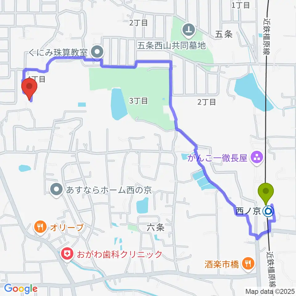 学園前南フルート・クラリネット教室の最寄駅西ノ京駅からの徒歩ルート（約14分）地図