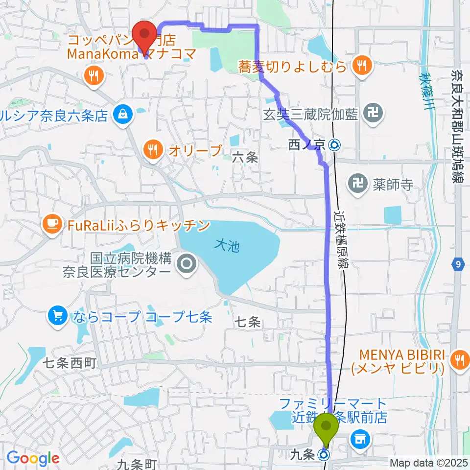 九条駅から学園前南フルート・クラリネット教室へのルートマップ地図