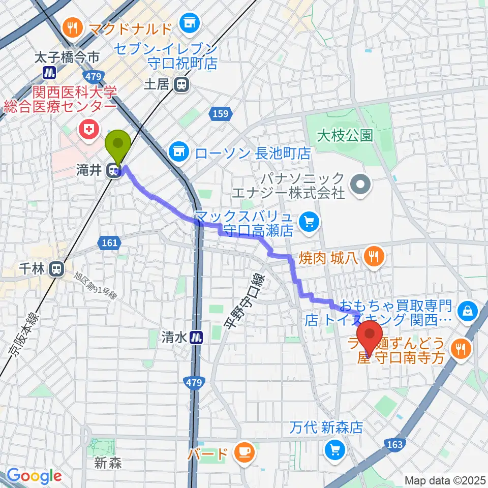 滝井駅からPOWER-G GUITAR LESSONへのルートマップ地図