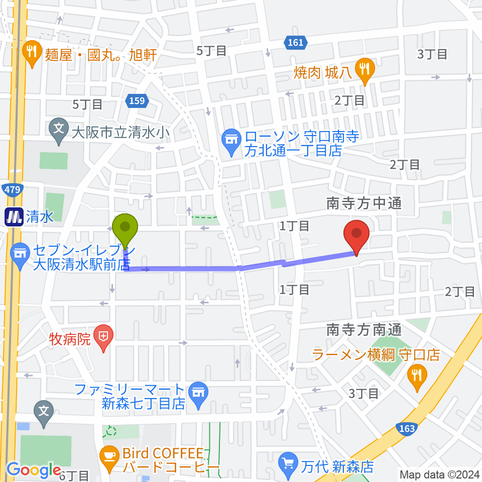 POWER-G GUITAR LESSONの最寄駅清水駅からの徒歩ルート（約8分）地図