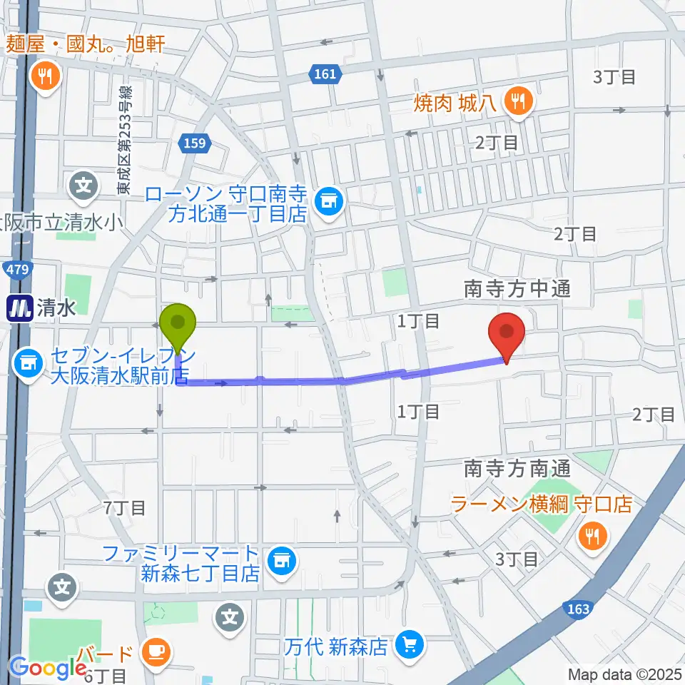 POWER-G GUITAR LESSONの最寄駅清水駅からの徒歩ルート（約8分）地図