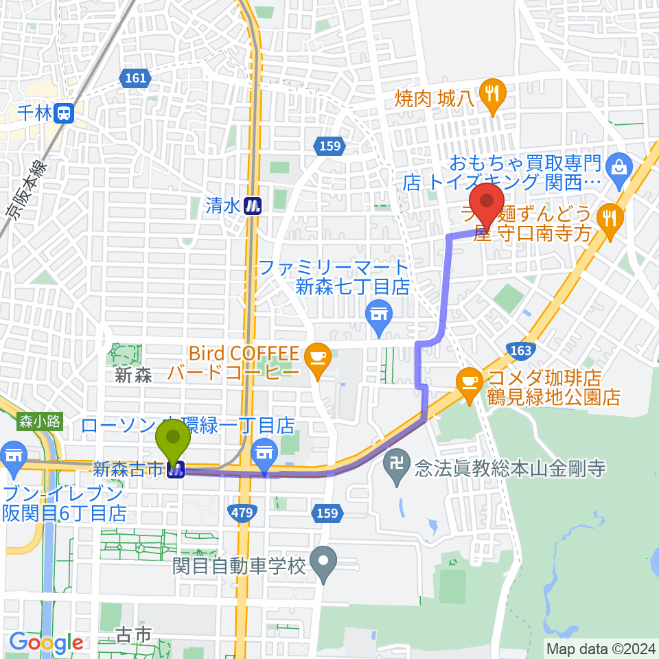新森古市駅からPOWER-G GUITAR LESSONへのルートマップ地図