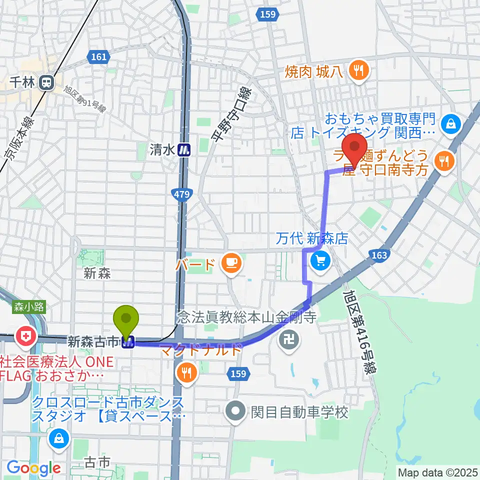 新森古市駅からPOWER-G GUITAR LESSONへのルートマップ地図