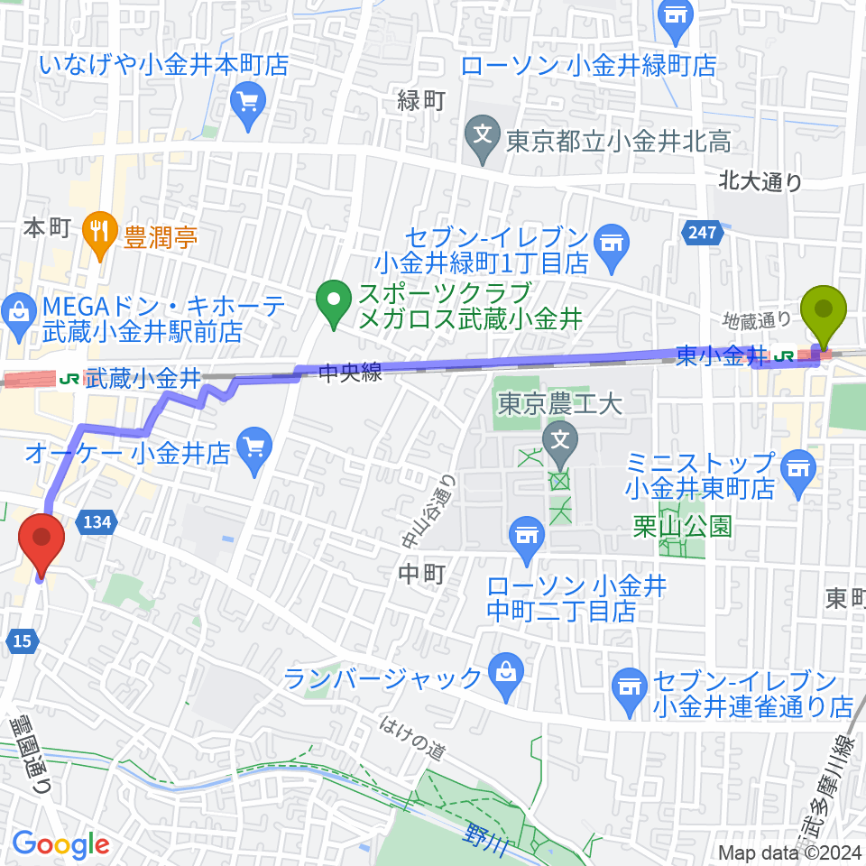 東小金井駅からPLUS+FACTOR STUDIOへのルートマップ地図