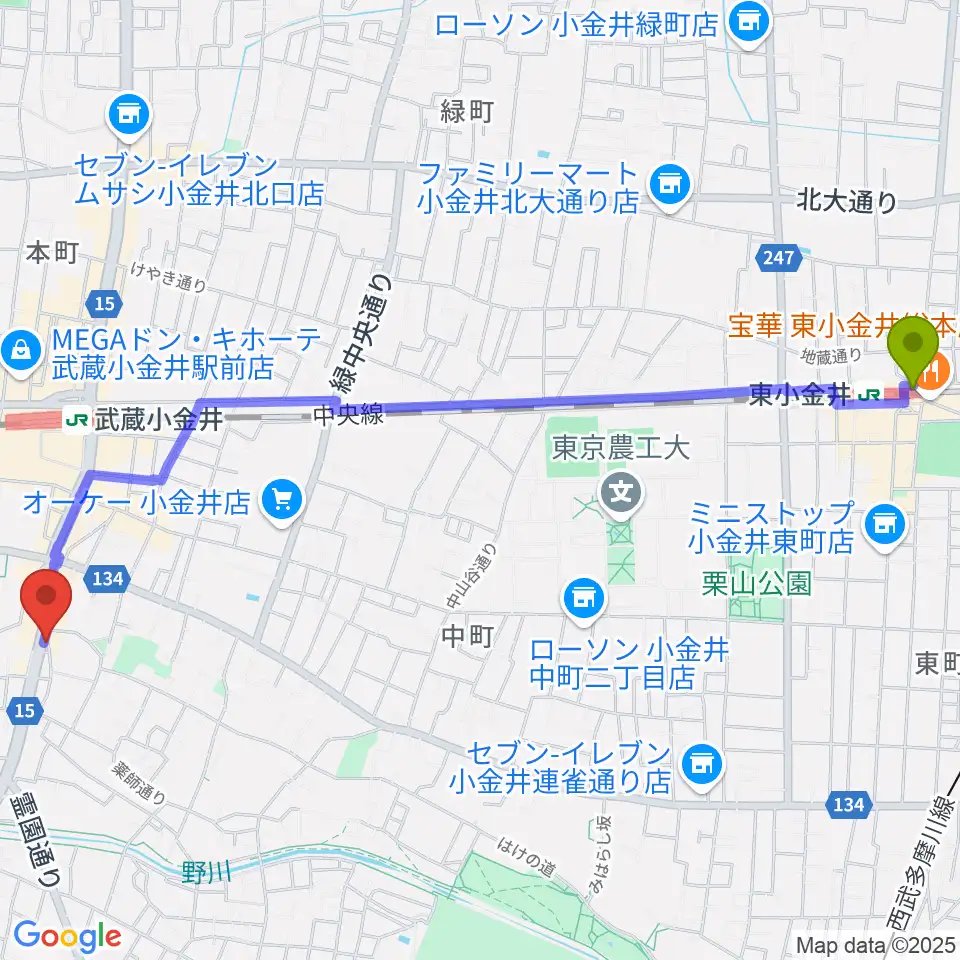 東小金井駅からPLUS+FACTOR STUDIOへのルートマップ地図