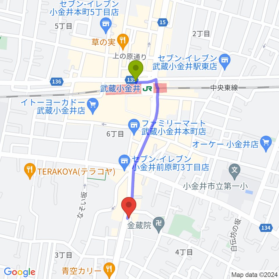 PLUS+FACTOR STUDIOの最寄駅武蔵小金井駅からの徒歩ルート（約8分）地図