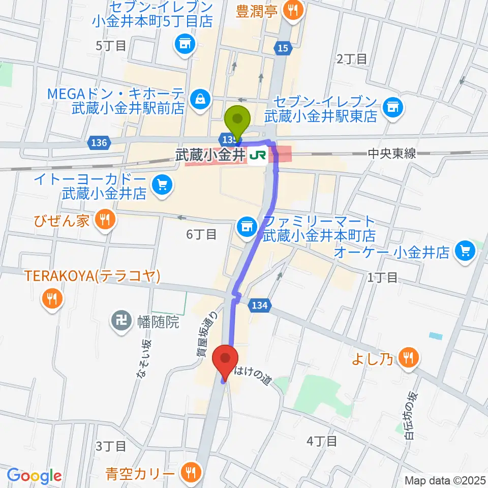PLUS+FACTOR STUDIOの最寄駅武蔵小金井駅からの徒歩ルート（約8分）地図