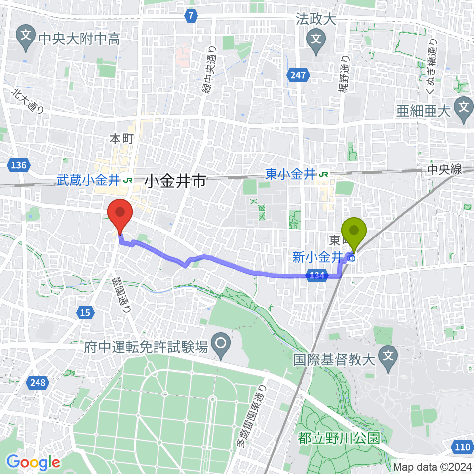 新小金井駅からPLUS+FACTOR STUDIOへのルートマップ地図