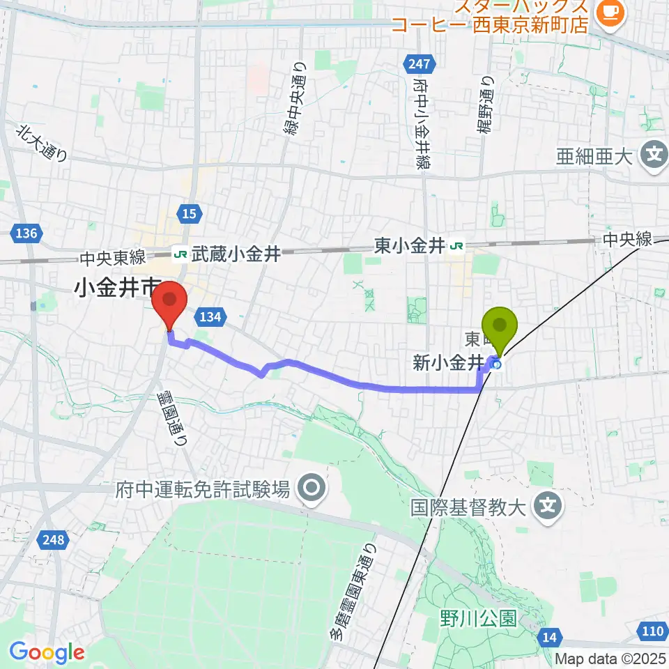 新小金井駅からPLUS+FACTOR STUDIOへのルートマップ地図