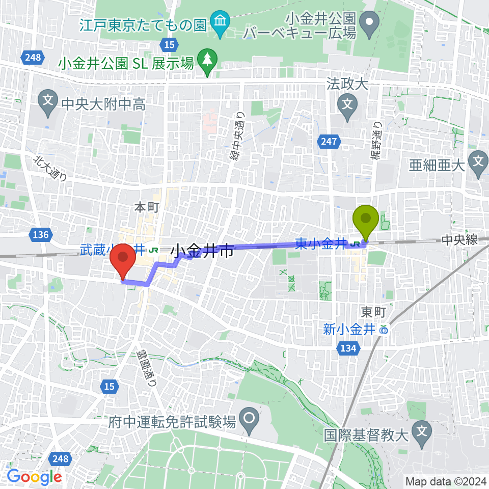 東小金井駅から武蔵小金井Rosy Noteへのルートマップ地図