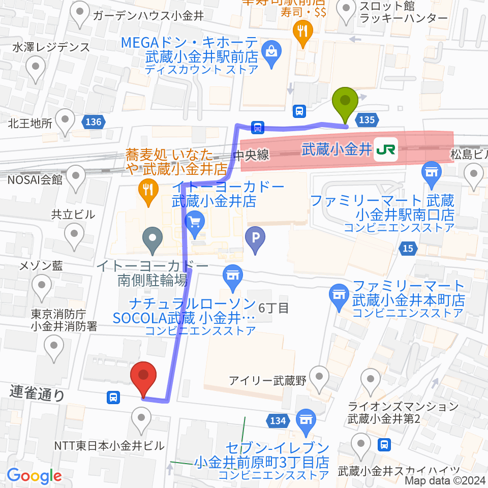 武蔵小金井Rosy Noteの最寄駅武蔵小金井駅からの徒歩ルート（約5分）地図