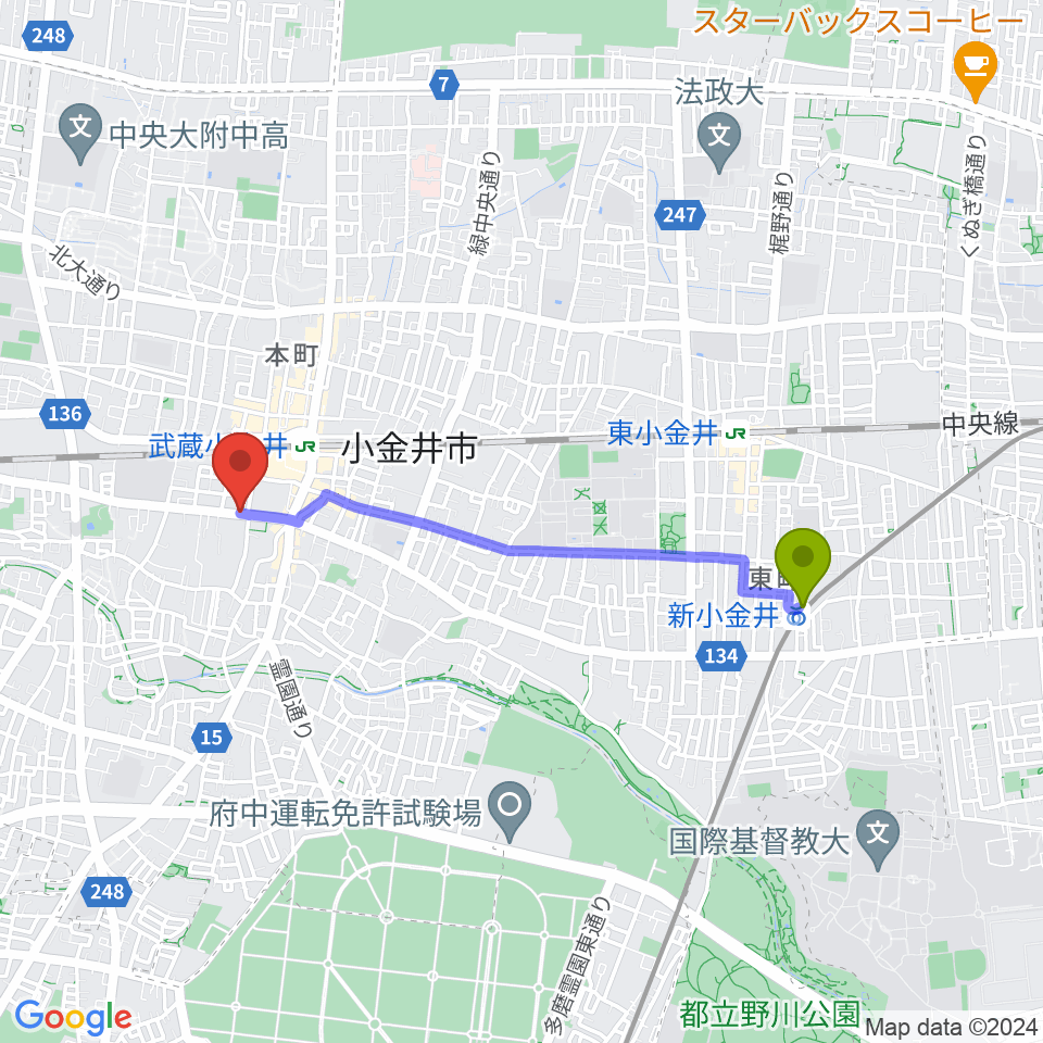 新小金井駅から武蔵小金井Rosy Noteへのルートマップ地図