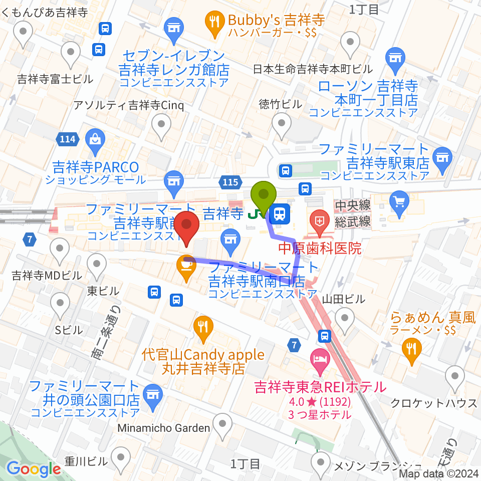 吉祥寺DAYDREAMの最寄駅吉祥寺駅からの徒歩ルート（約1分）地図