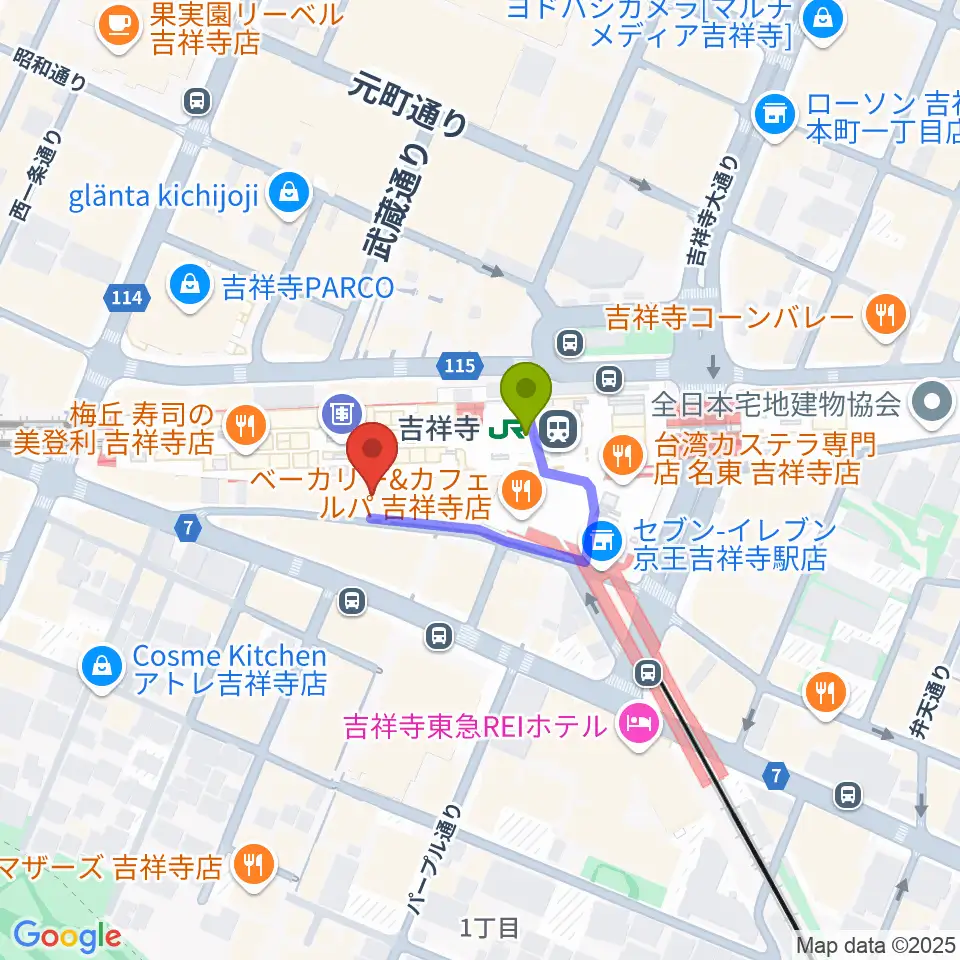吉祥寺DAYDREAMの最寄駅吉祥寺駅からの徒歩ルート（約1分）地図
