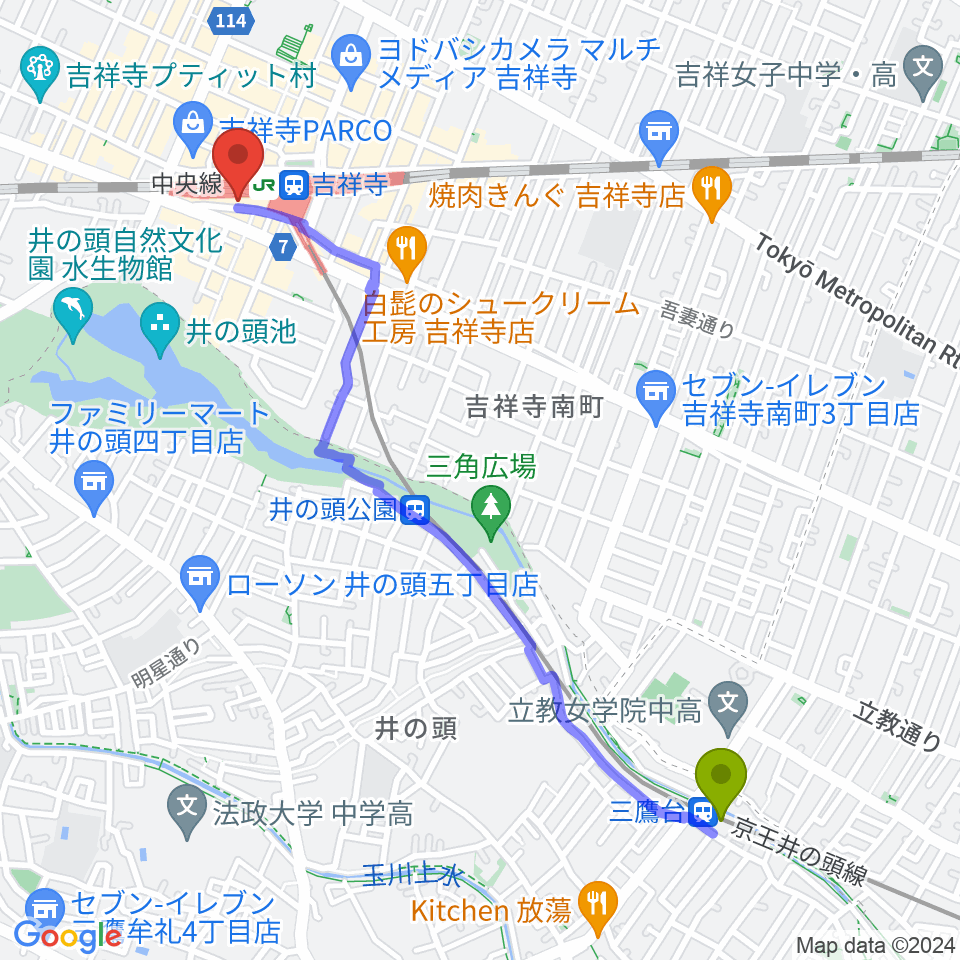 三鷹台駅から吉祥寺DAYDREAMへのルートマップ地図