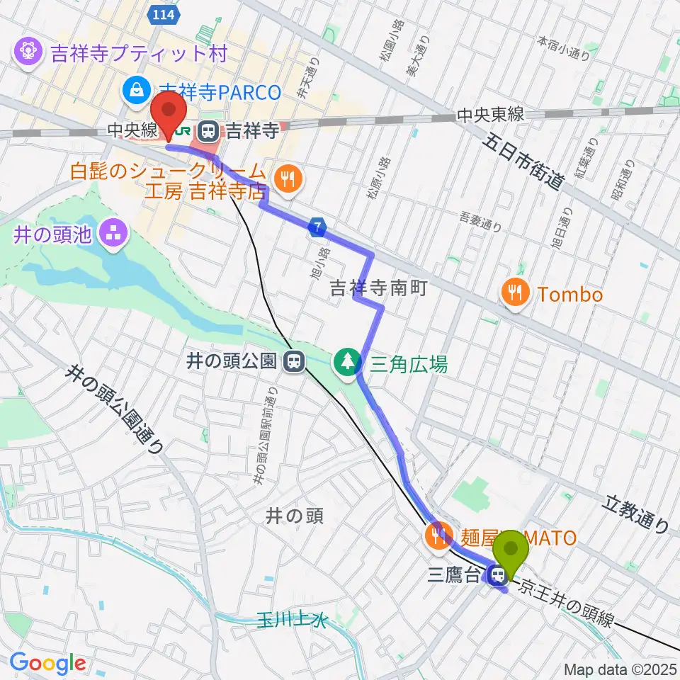 三鷹台駅から吉祥寺DAYDREAMへのルートマップ地図
