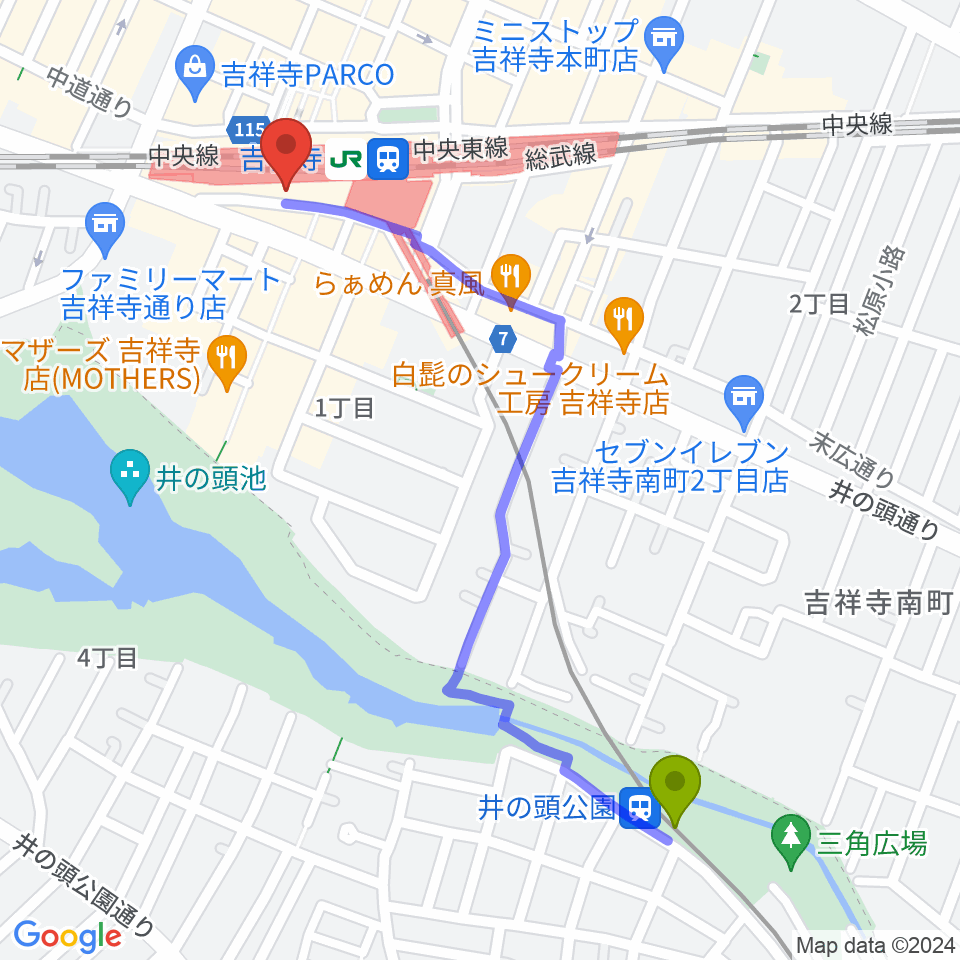 井の頭公園駅から吉祥寺DAYDREAMへのルートマップ地図