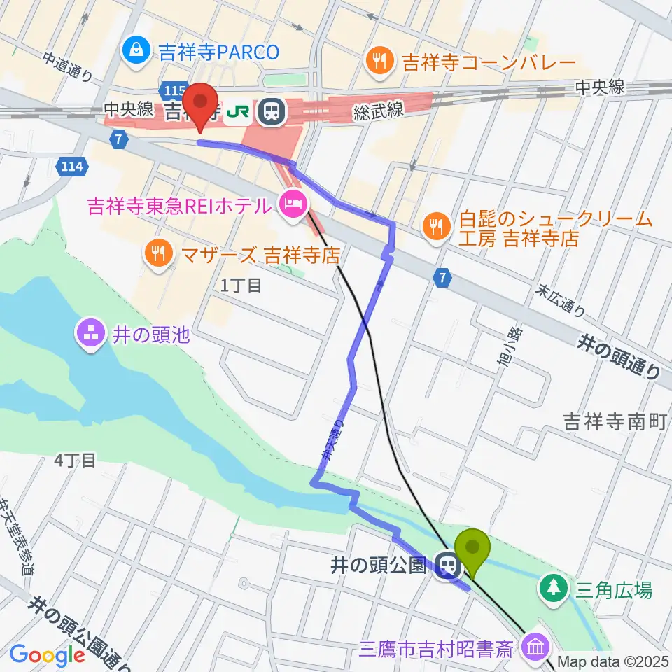 井の頭公園駅から吉祥寺DAYDREAMへのルートマップ地図