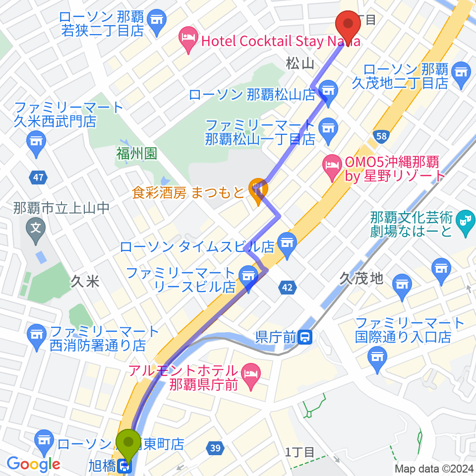 旭橋駅からドラムショップハルへのルートマップ地図