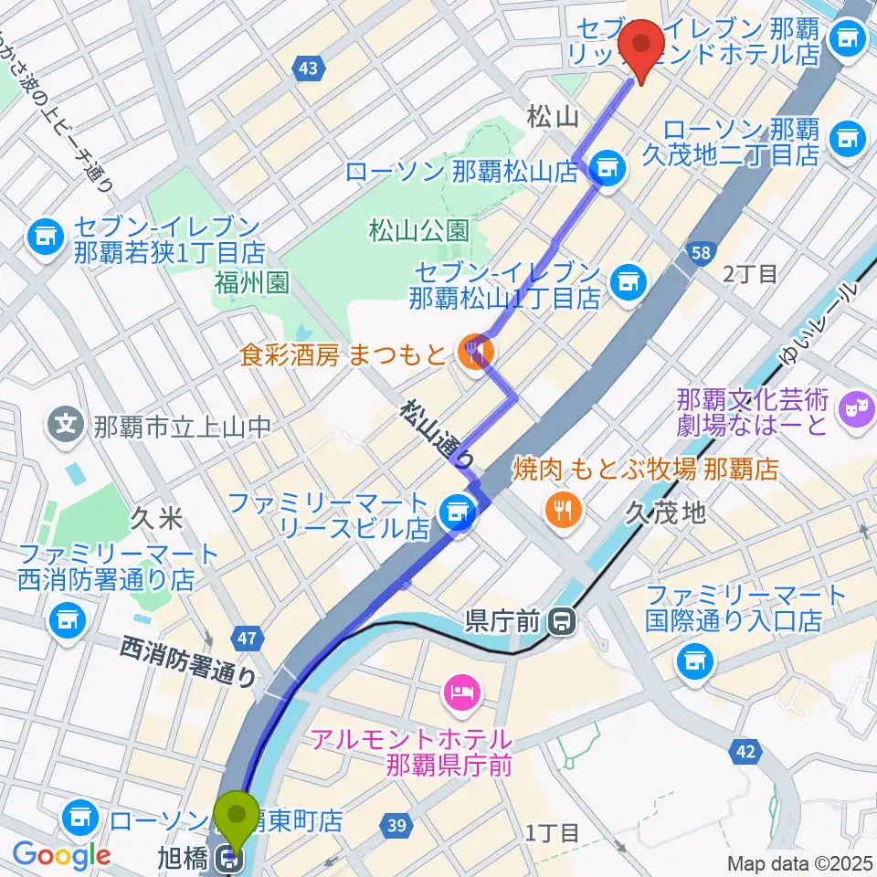 旭橋駅からドラムショップハルへのルートマップ地図