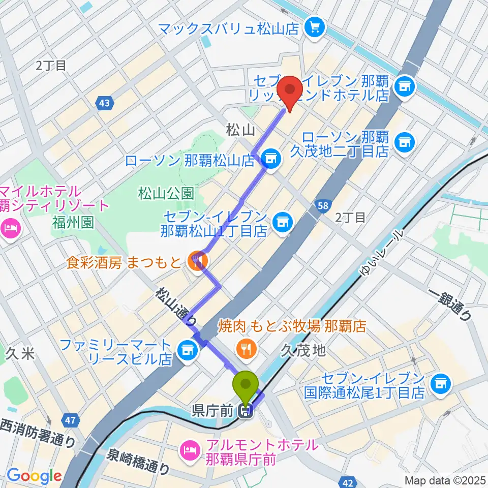 県庁前駅からドラムショップハルへのルートマップ地図