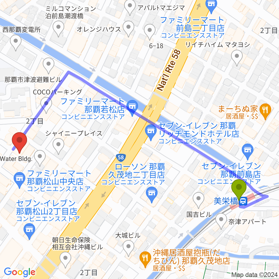 ドラムショップハルの最寄駅美栄橋駅からの徒歩ルート（約7分）地図