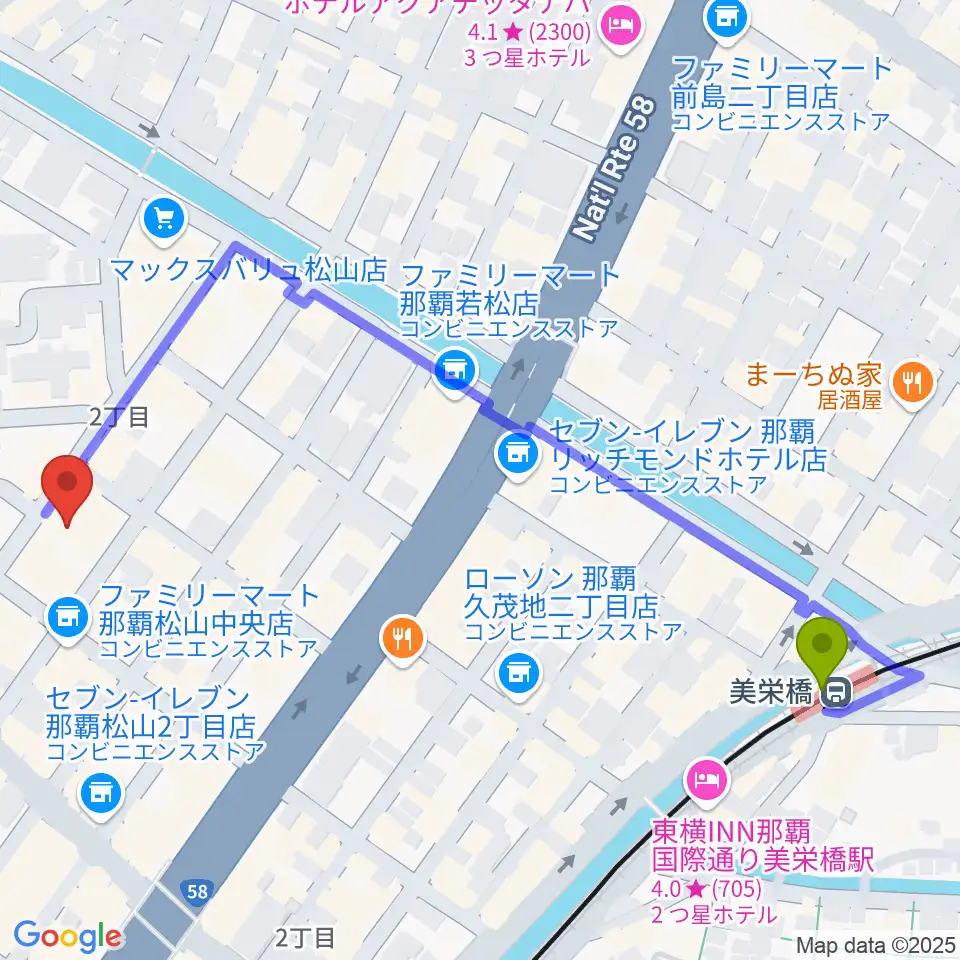ドラムショップハルの最寄駅美栄橋駅からの徒歩ルート（約7分）地図