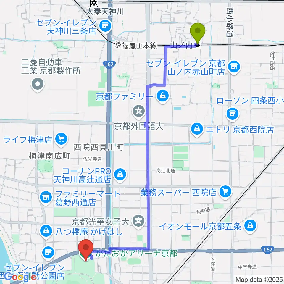 山ノ内駅からかたおかアリーナ京都へのルートマップ地図