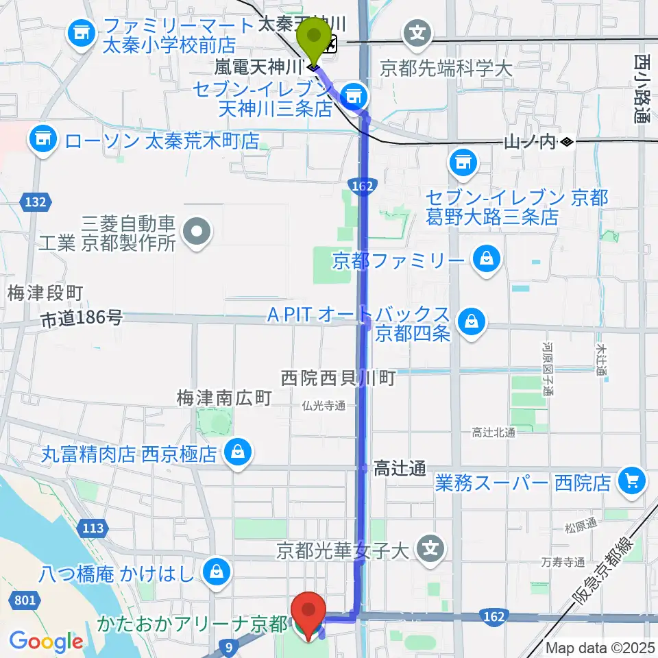 嵐電天神川駅からかたおかアリーナ京都へのルートマップ地図