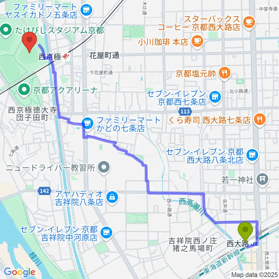 西大路駅からわかさスタジアム京都へのルートマップ地図