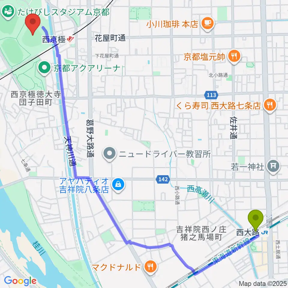 西大路駅からわかさスタジアム京都へのルートマップ地図